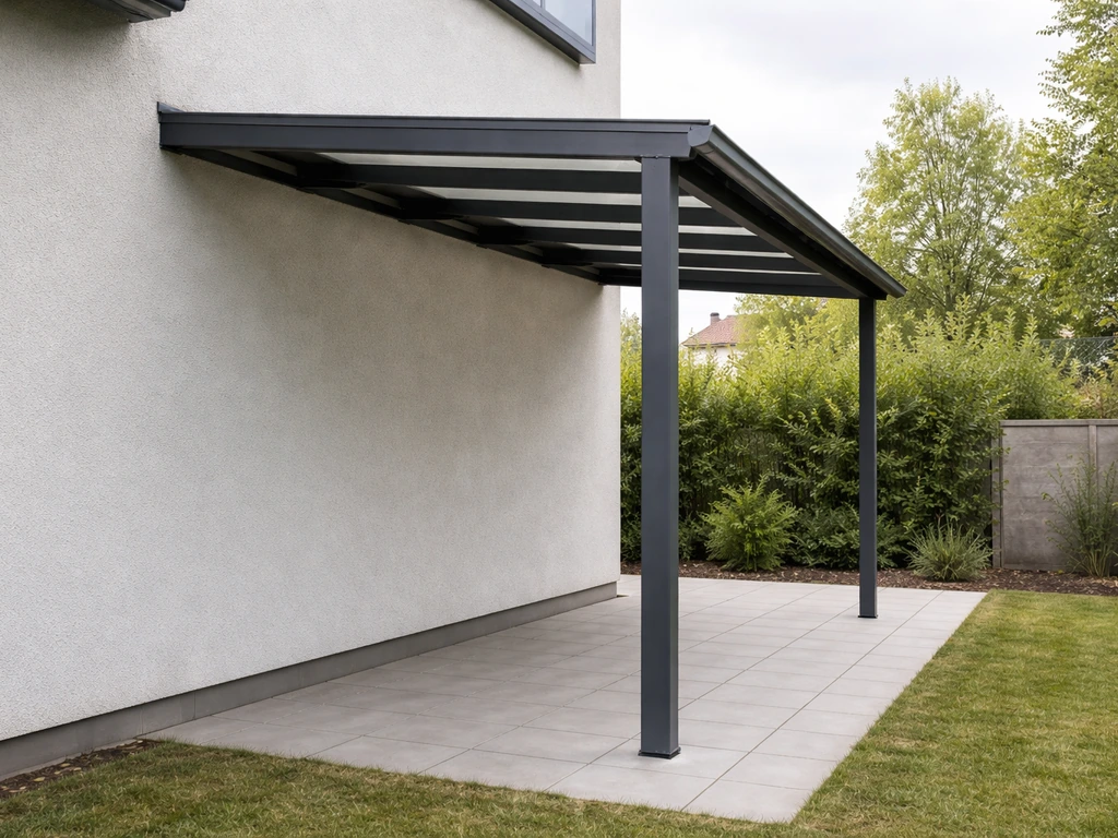 Side view of a lean-to patio cover attached to a house wall with two supporting posts.