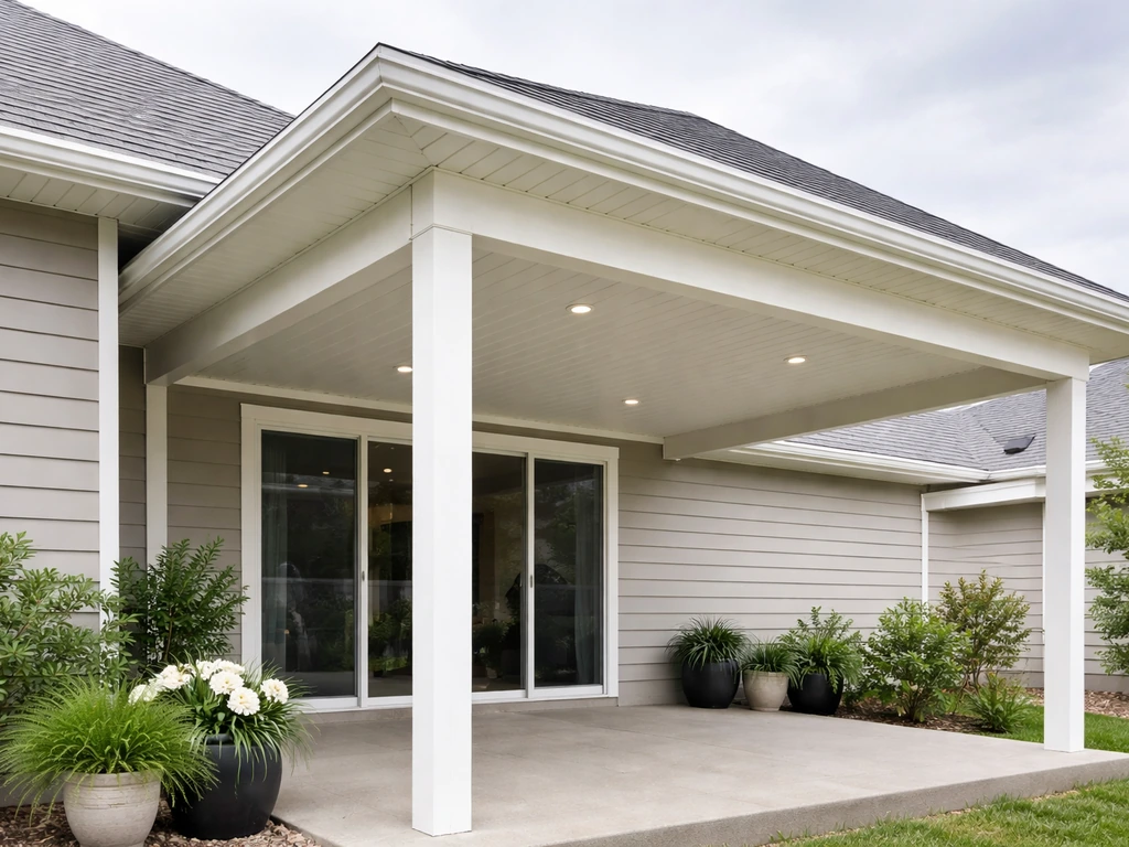 Watertight solid patio roof attached to a home, matching the existing roofline in neutral tones.