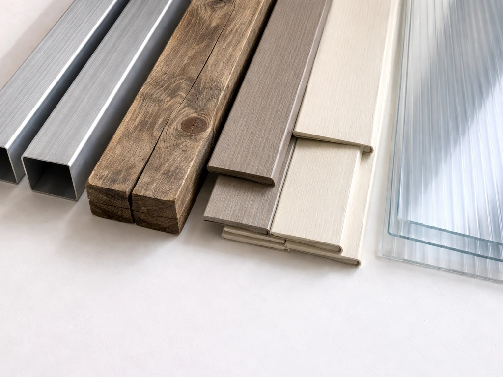 Aluminum, wood, vinyl, and polycarbonate sheets laid side by side showing different textures and finishes.