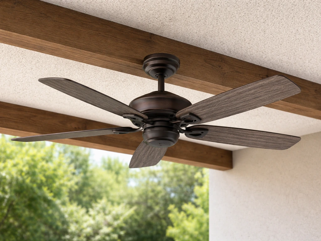 Damp-rated outdoor ceiling fan mounted under a patio cover with visible wet-safe installation details.