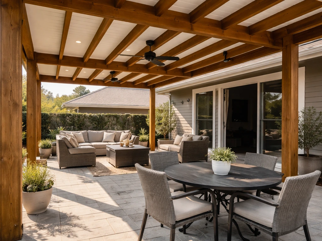 Finished patio with a visible patio cover structure, casting soft shadows on outdoor seating and table.
