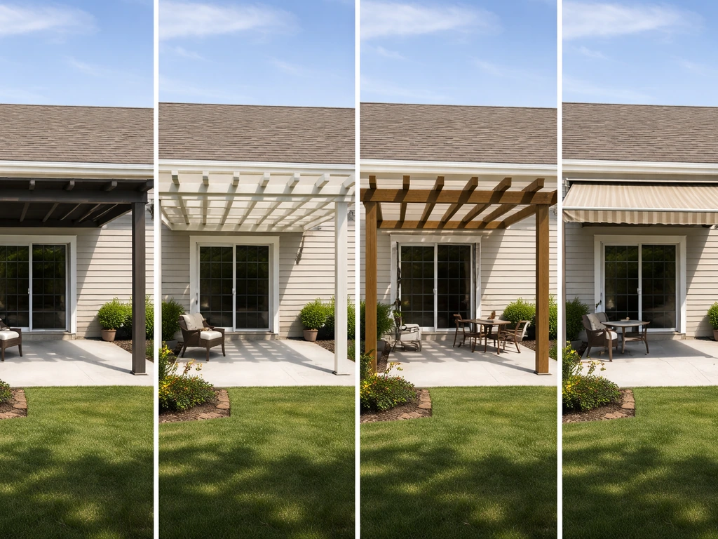 Four minimal patio cover concept mockups side-by-side with different coverage styles and open-air patio settings
