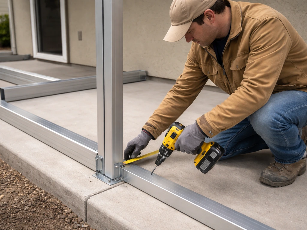 Installer measuring and fastening an attached patio cover frame on a concrete slab