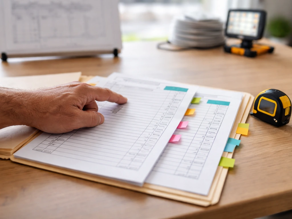Contractor’s hand pointing at a simple patio cover bid sheet layout on a desk, no readable text.