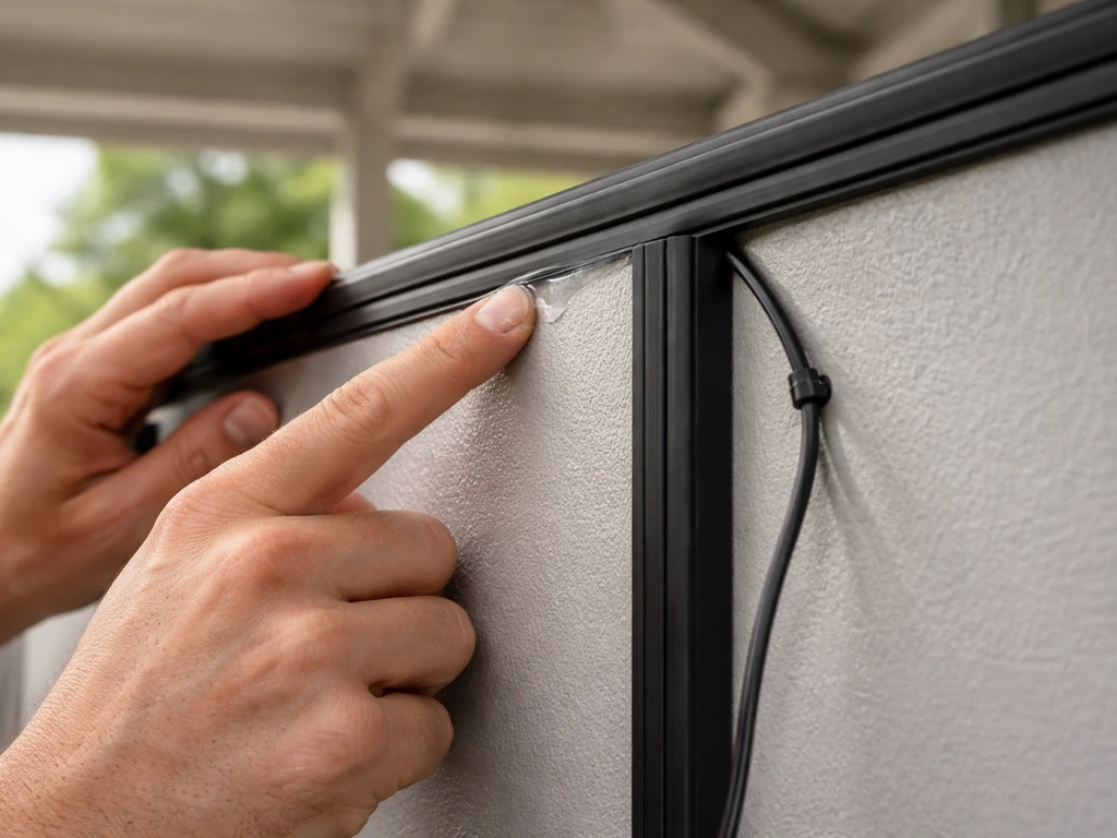 Hand applying clear sealant along weatherstripping on an insulated outdoor panel near a covered porch