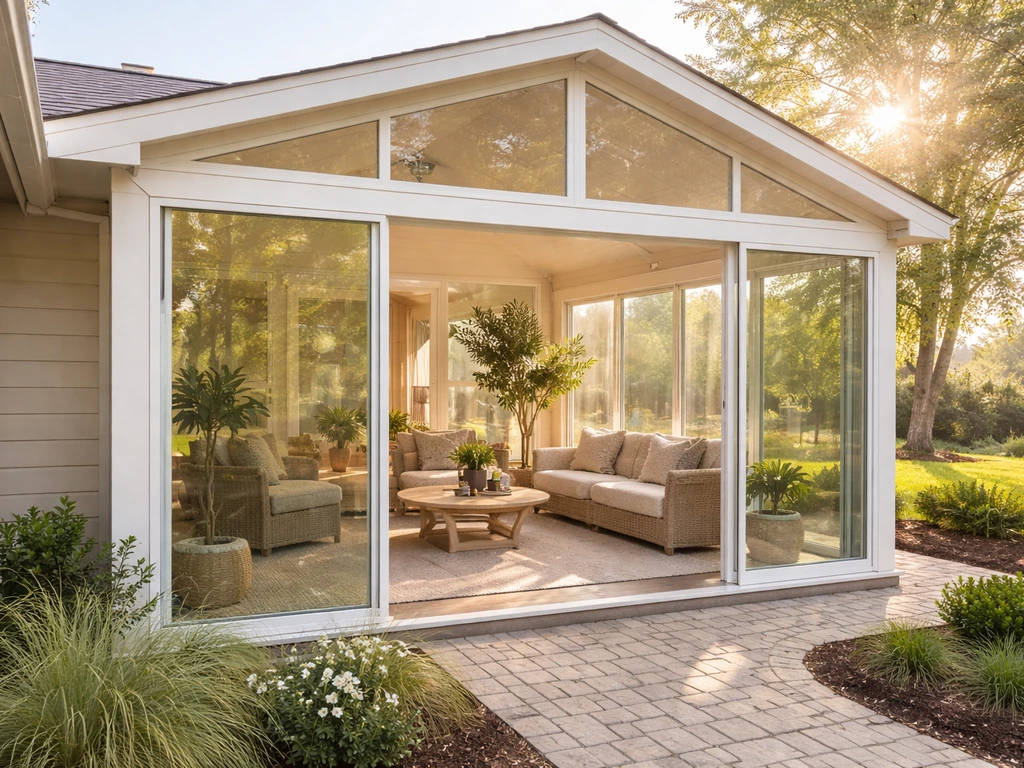 Bright modern patio room enclosure with glass panels connected to a home, sunlight and cozy seating inside.