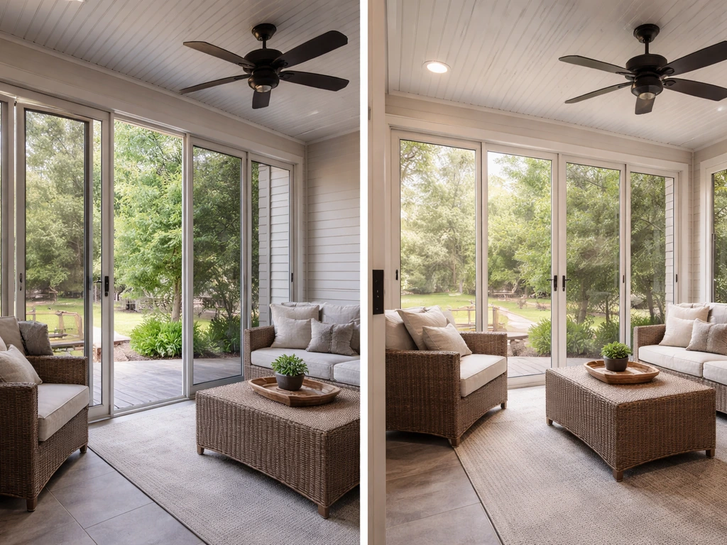 Split view of a 3-season patio room with openable screens and a 4-season sunroom with insulated closed glazing.