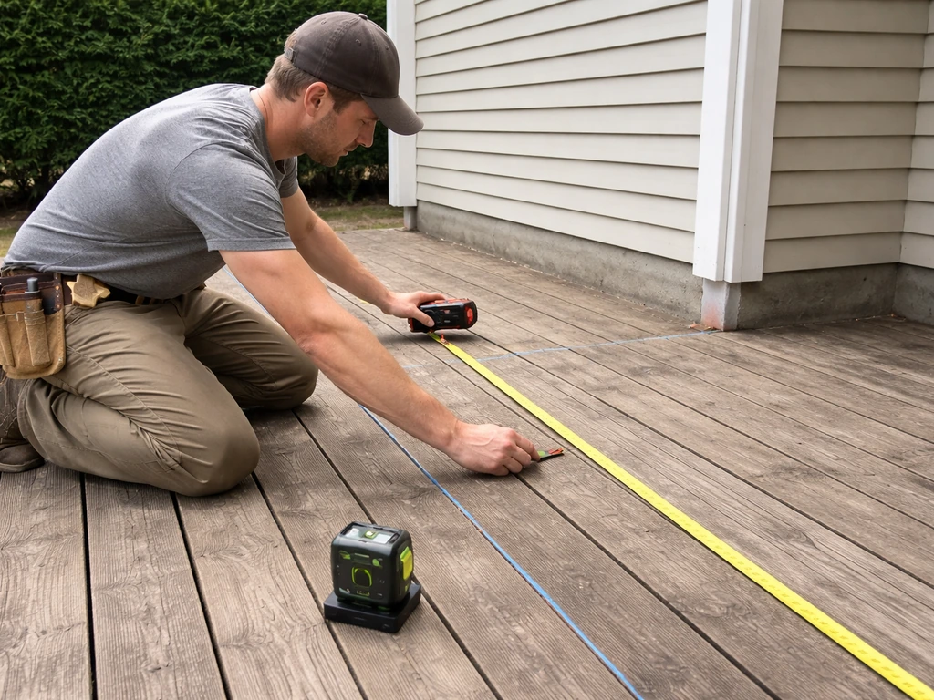 Kneeling on a wooden patio, a worker measures with a laser level and tape near the house attachment points.
