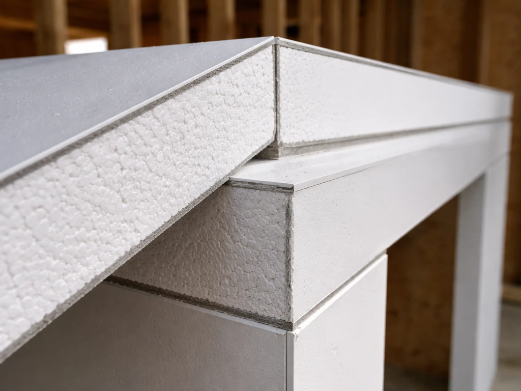 Close-up of insulated roof and knee-wall panels showing layered thickness and EPS core detail