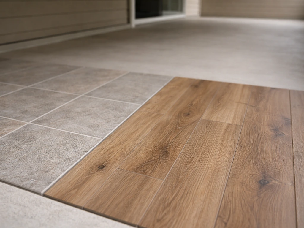 Porcelain tile versus vinyl plank flooring in a sheltered outdoor enclosure showing material textures.