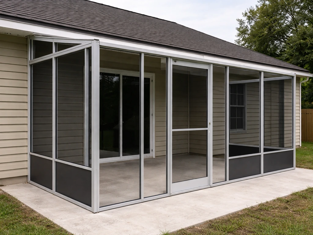 Glass-and-screen patio enclosure framework being installed against a home roof overhang, no people.