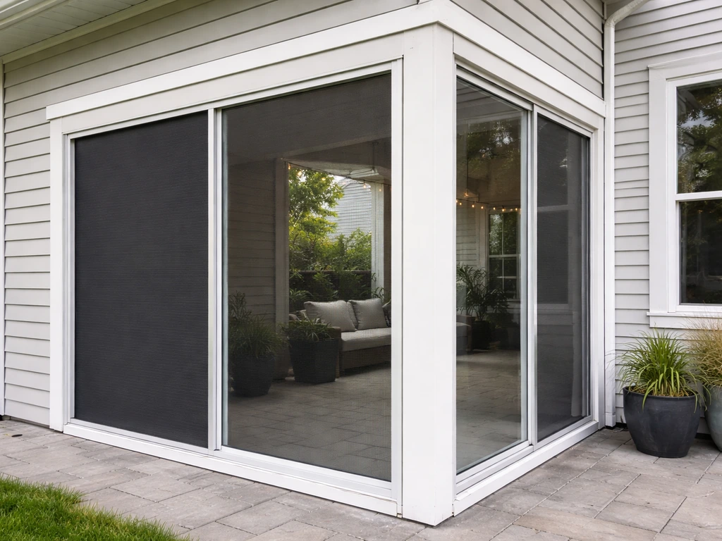 Outdoor enclosure panels with screen and glass installed flush to home siding and trim.