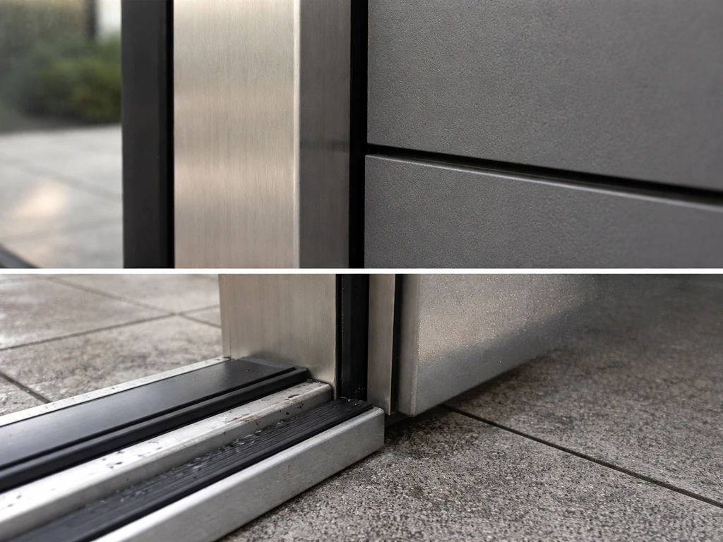 Close-up of an enclosure doorway showing a door/panel alignment gap and weather-seal threshold detail.