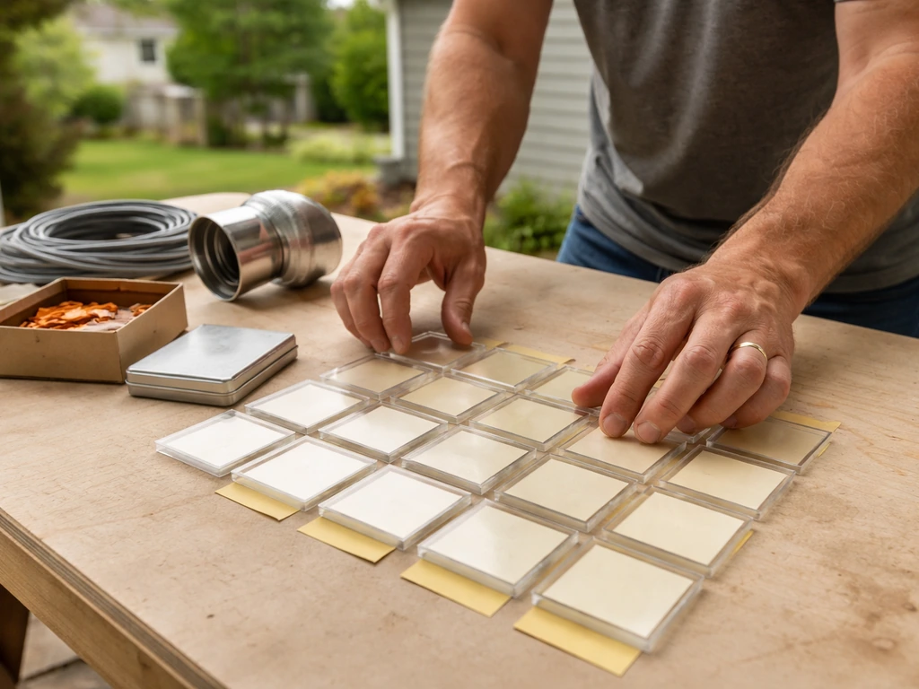 Contractor’s hands arranging square-foot tiles with small building and HVAC parts on a workbench.