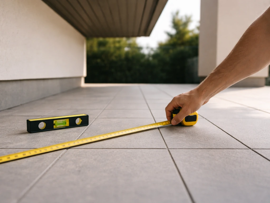 Measuring tape and bubble level on a patio floor with roof overhang visible in natural light.