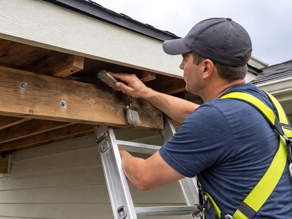 Worker on ladder inspecting roof ledger board where patio roof overhang meets house