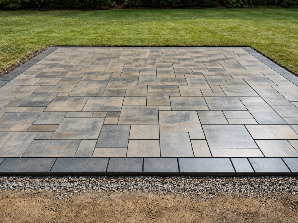 Fresh backyard DIY patio with paving stones and clean drainage slope away from the house.