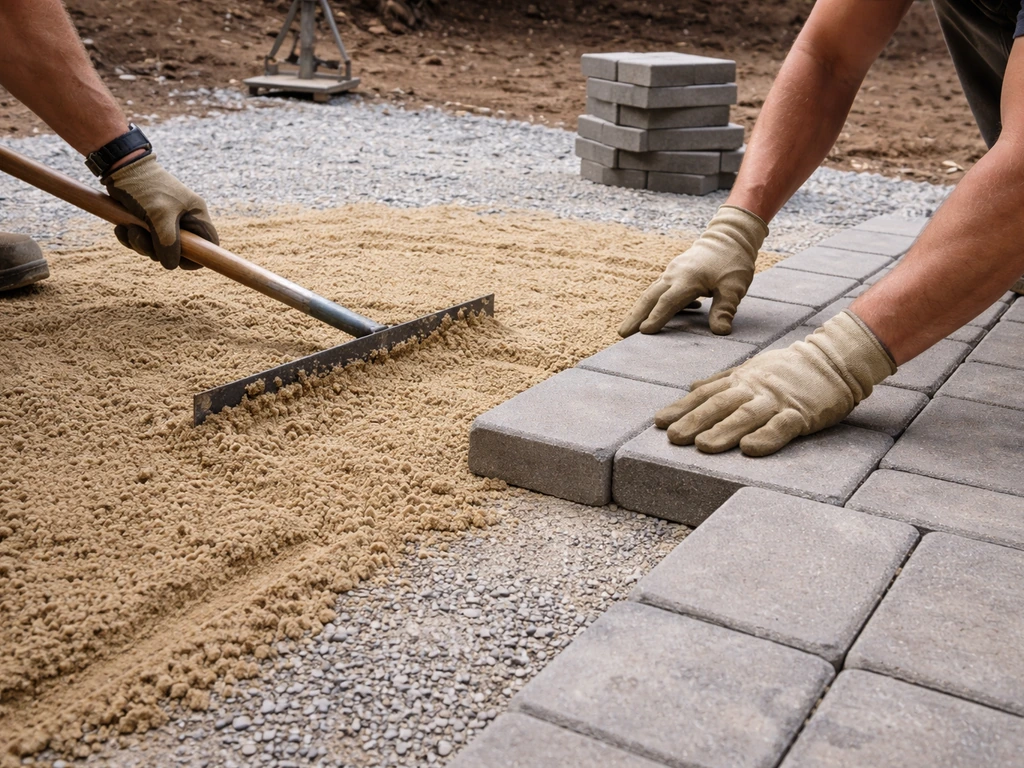Workers spread bedding sand and set concrete pavers on a prepared patio base.