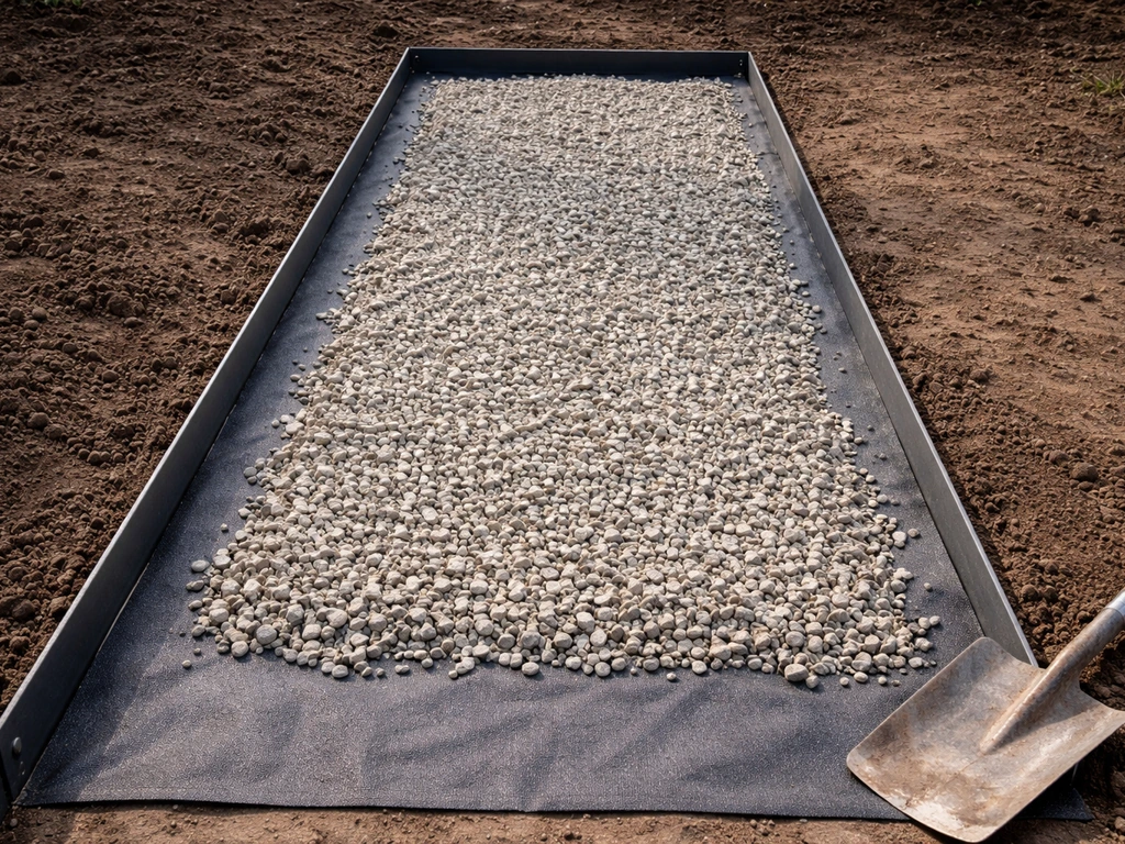 Minimal close view of geotextile fabric under edging with crushed gravel spread to build a pea-gravel patio