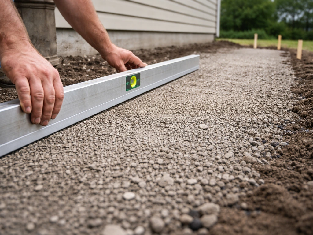 Hands using a straightedge to check a sloped gravel base draining away from a house