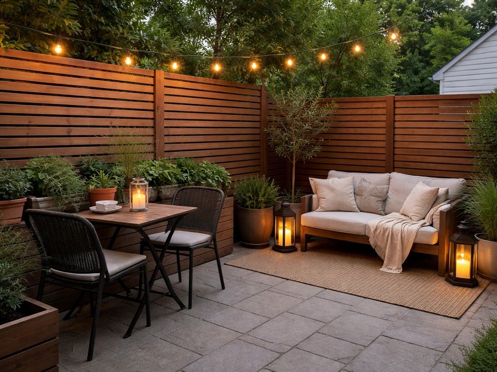 Cozy small patio with privacy screen, potted plants, and warm string and lantern lighting at dusk