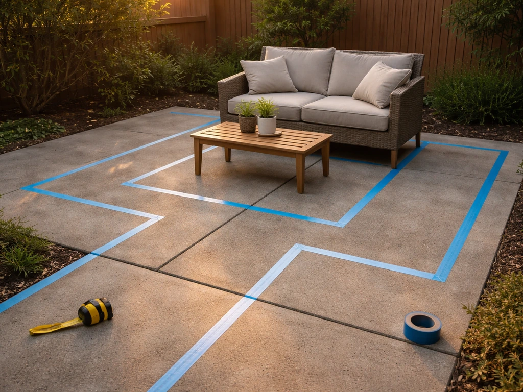 Small patio with tape marks showing furniture footprint and a clear 36-inch walkway