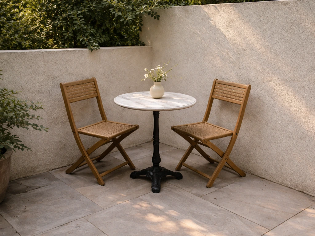 Round bistro table with two chairs tucked into a patio corner, open space centered, no people.