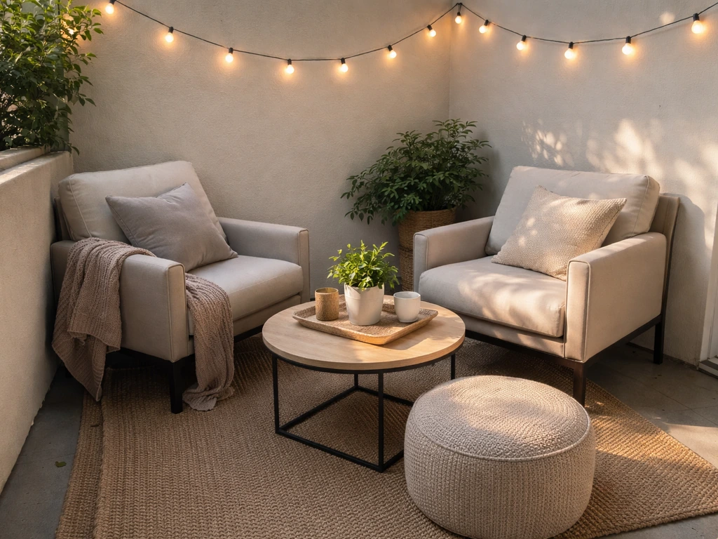 Cozy patio lounge nook with two chairs facing each other and a small coffee table between them