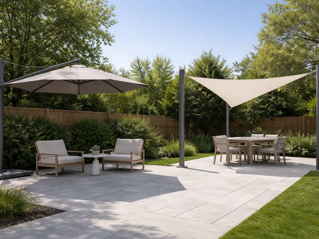 Offset cantilever umbrella and sail shade over a small outdoor patio lounge/dining area.