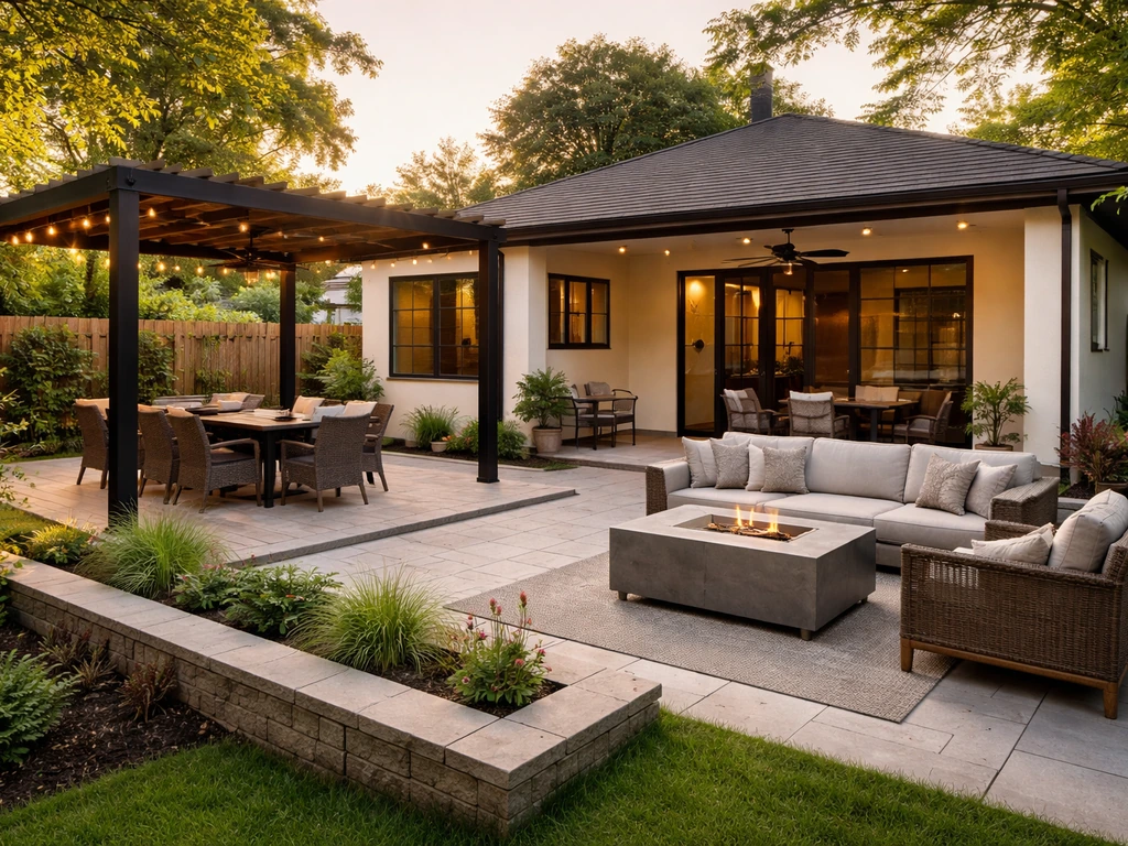 Inviting patio home backyard showing shaded dining and cozy lounge zones with warm evening lighting.
