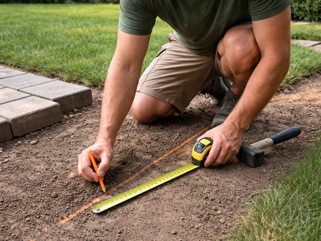 Homeowner kneeling with measuring tape and layout marks on the patio ground to plan a patio layout.