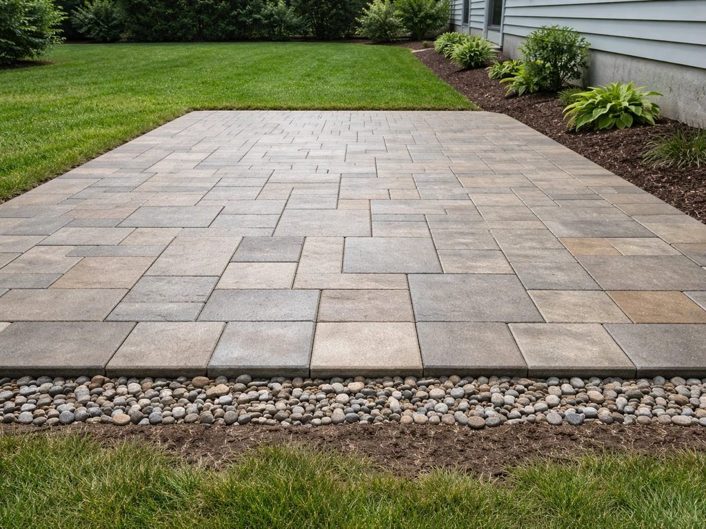 Minimal backyard patio area with a gentle slope and gravel drainage path for water runoff.