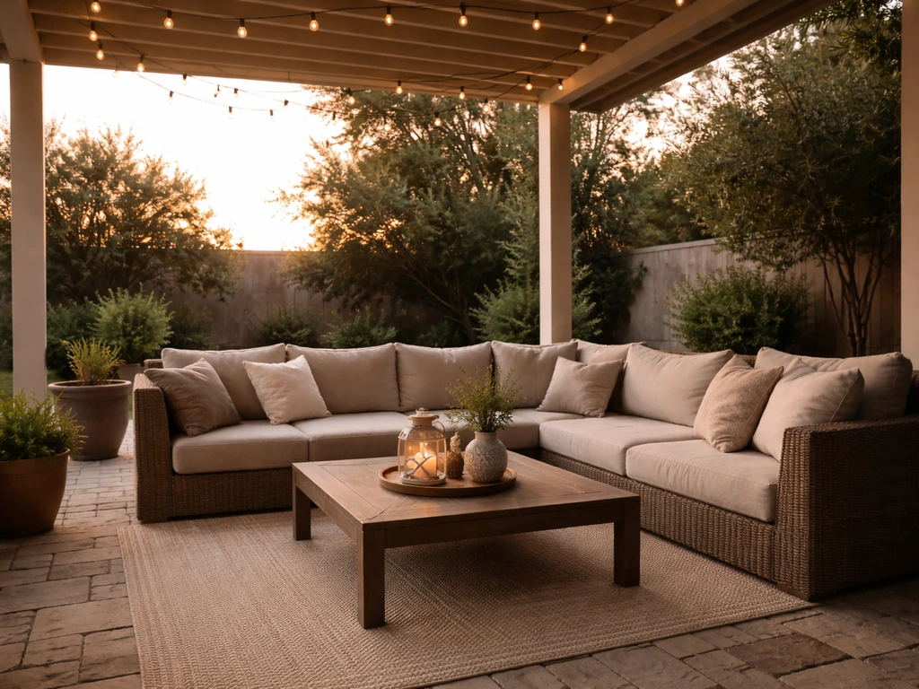 Cozy outdoor living room under a pergola roof with an outdoor sectional and warm lights