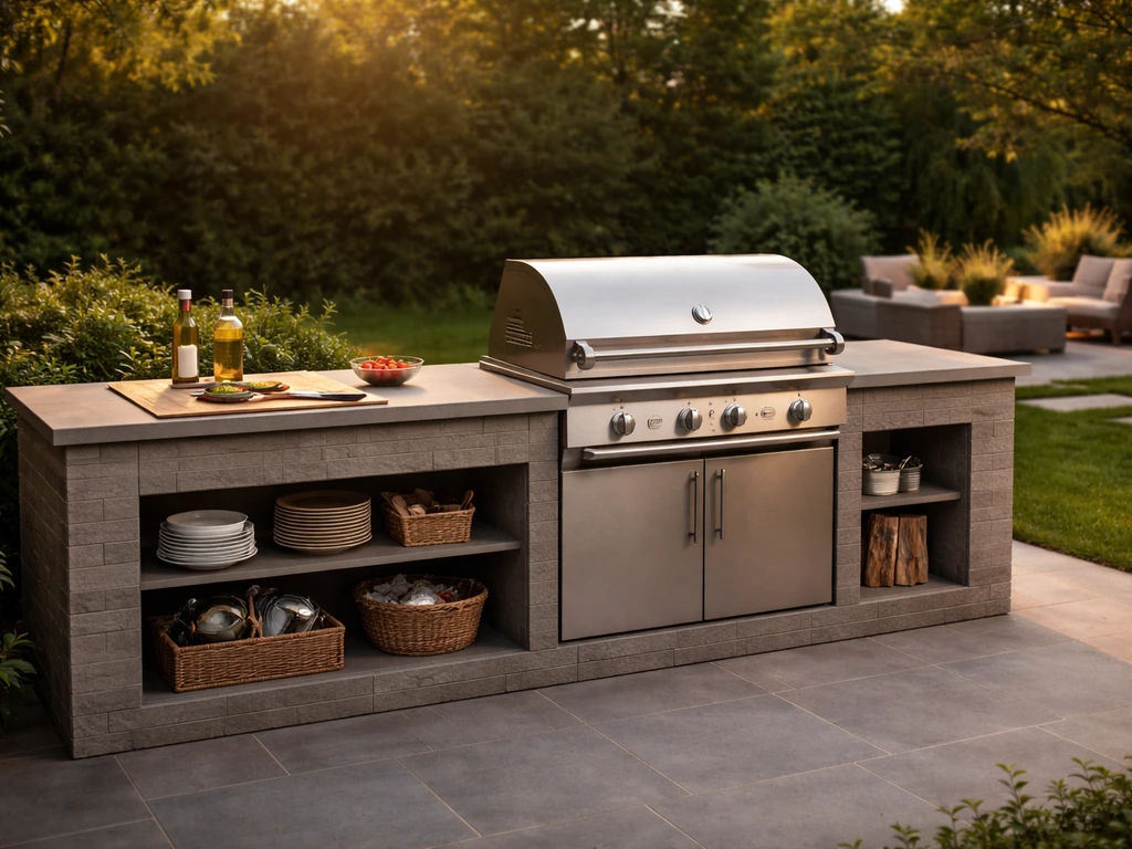 Outdoor kitchen grilling station with prep counter, storage, and a nearby fire pit lounge area.