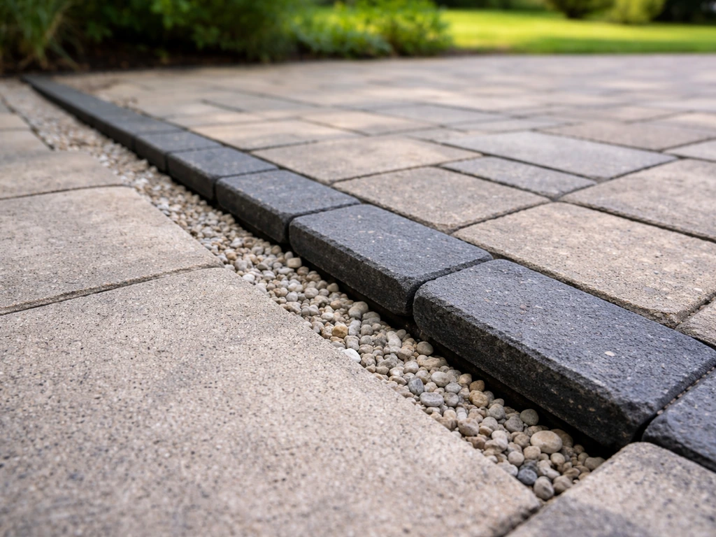 Close-up of patio paver edge with a clean gravel drainage channel to prevent runoff pooling.