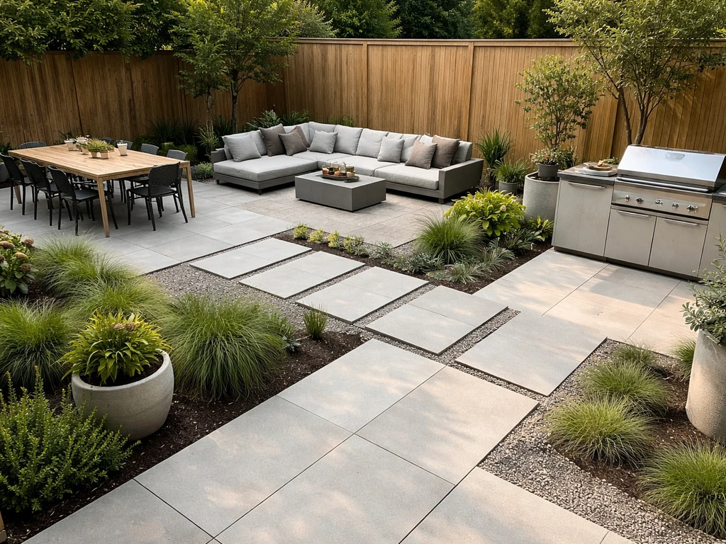 Angled view of a zoned patio layout with separated dining, lounge, and grill/serving areas and clear paths.