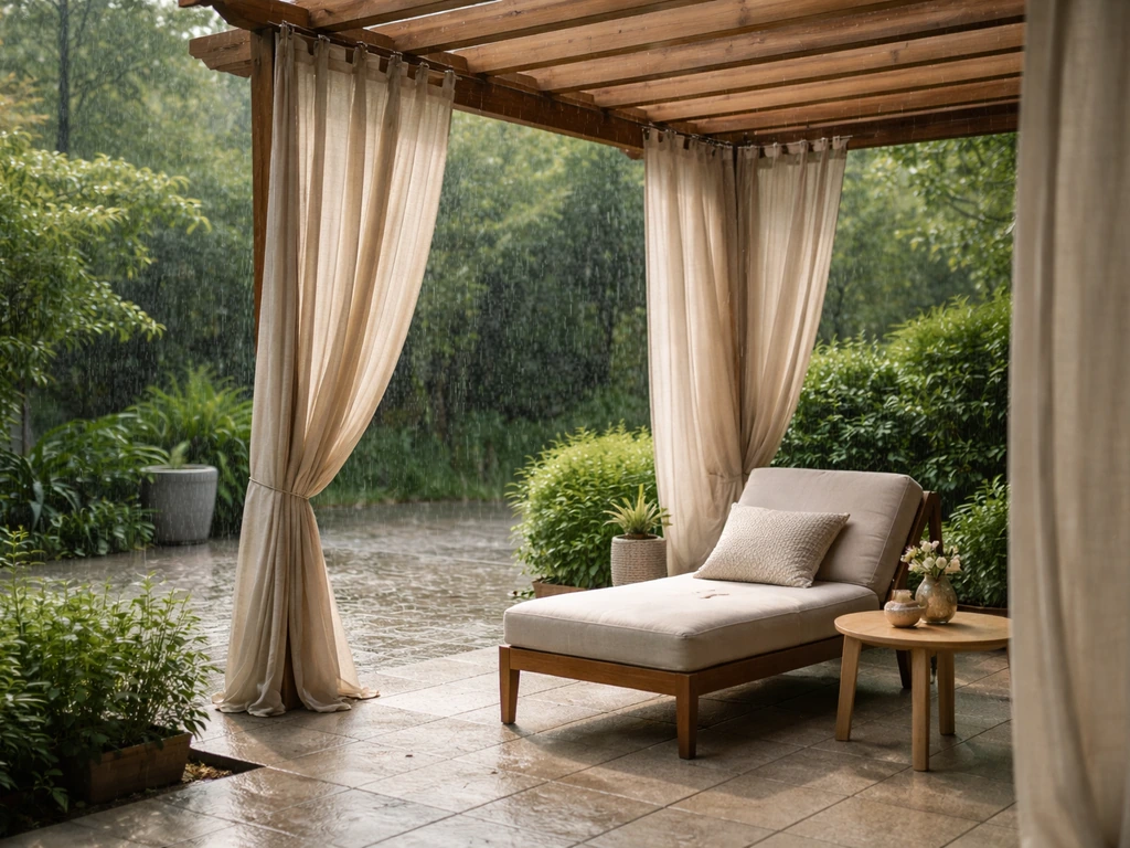Minimal patio with a pergola and flowing neutral curtains providing shade and rain protection.