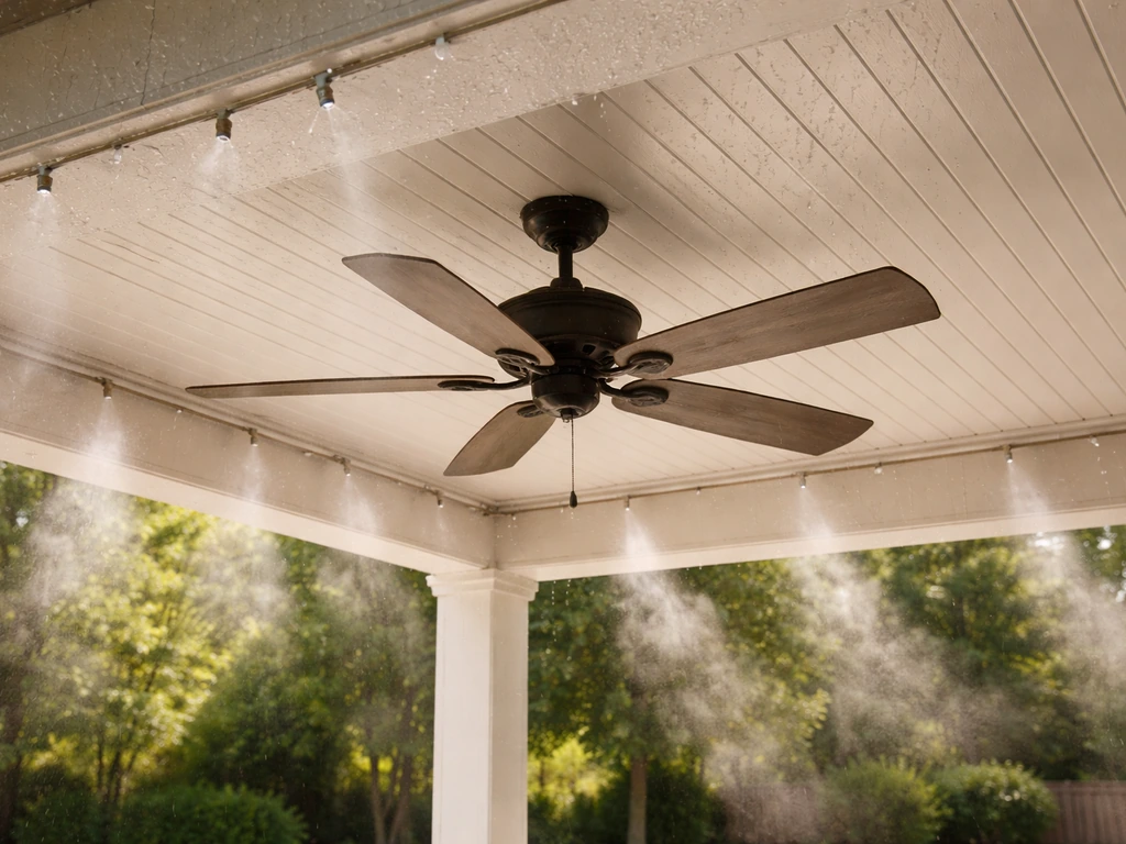 Covered patio outdoor ceiling fan with a misting nozzle and visible droplets in the air.