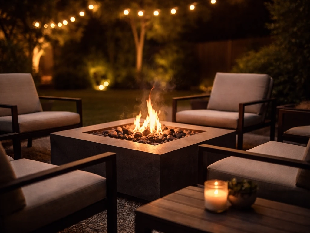 Warm patio lounge at night with a central gas fire pit and cozy seating around it.
