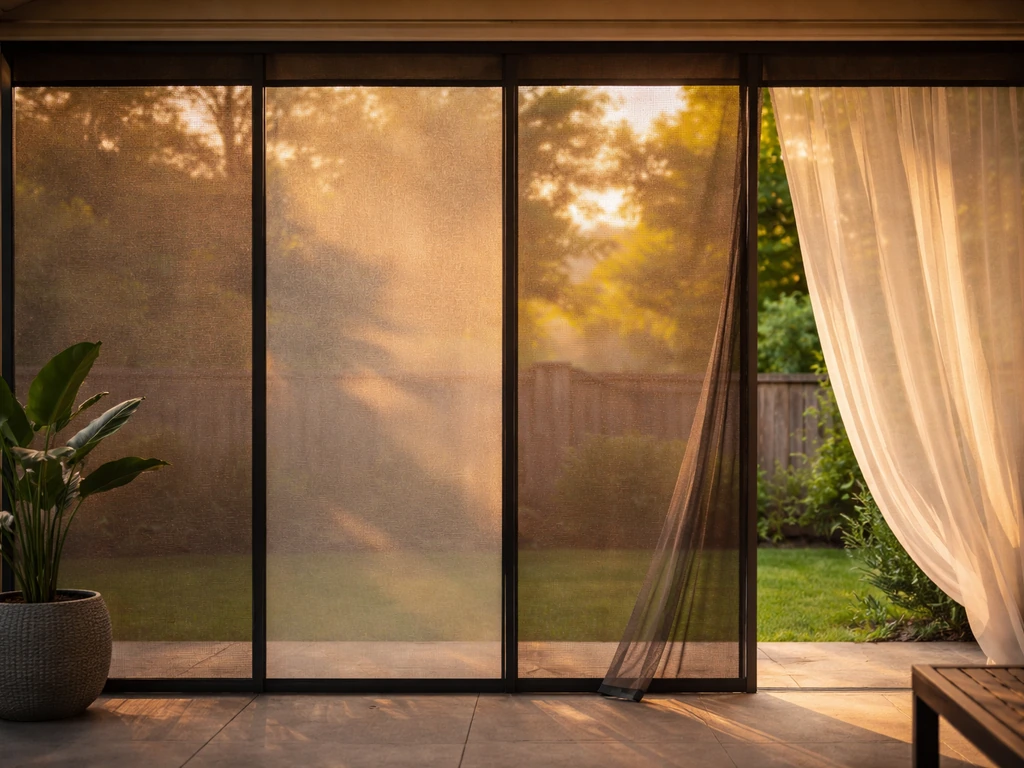 Four-pane view of a patio screen showing bug protection, privacy, airflow, and weather coverage in one frame