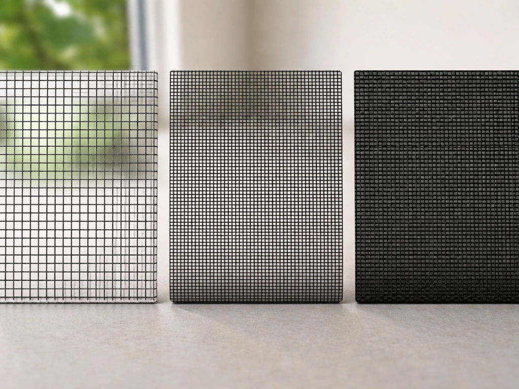 Three mesh samples side-by-side showing standard insect, no-see-um, and solar/privacy openness differences.
