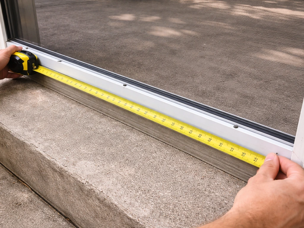 Hands measuring a porch opening with a tape measure while a spline/channel is laid out on the outdoor frame.