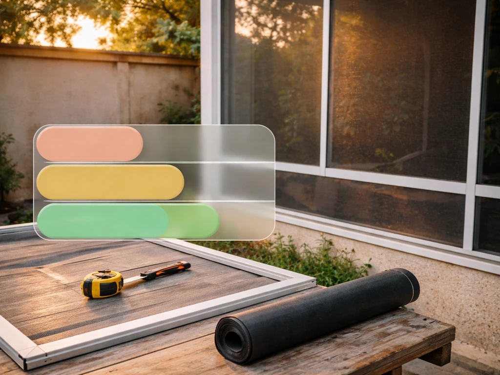 Outdoor patio scene with insect screen mesh and tools, plus subtle colored overlay for cost breakdown.