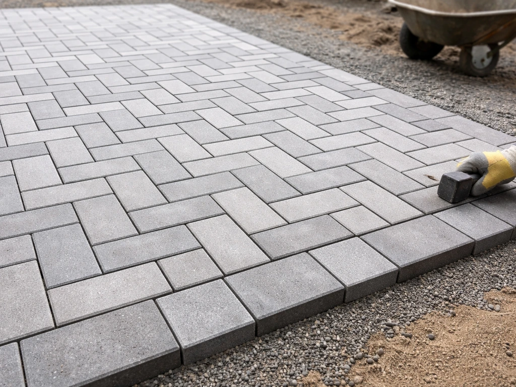 Concrete pavers patio with even joint spacing, cut edge pieces, and subtle installation tamping context.