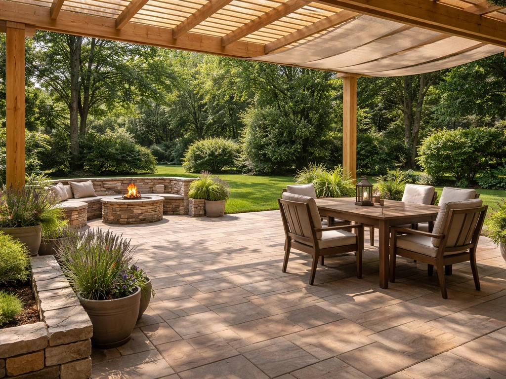 Inviting stone patio with pergola shade, outdoor dining, and cozy fire pit in a tidy backyard setting.