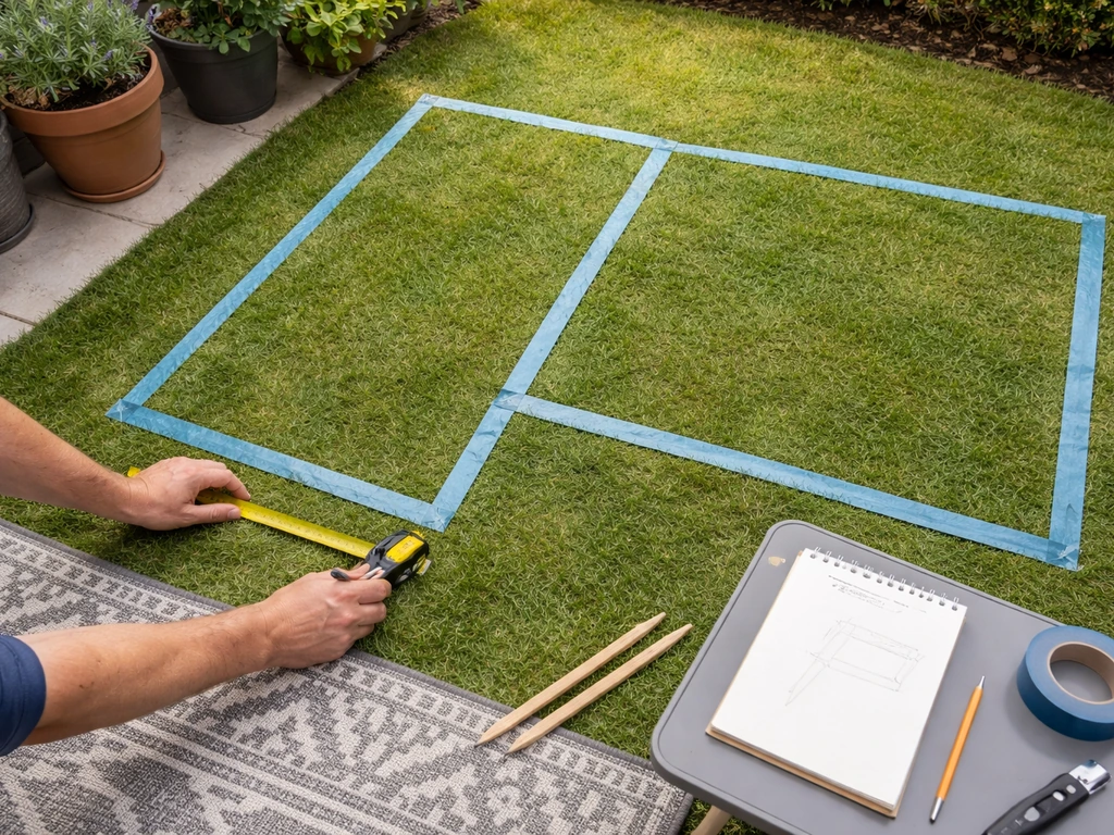 Overhead view of a small backyard patio layout with handwritten notes and tape-marked zones on the grass