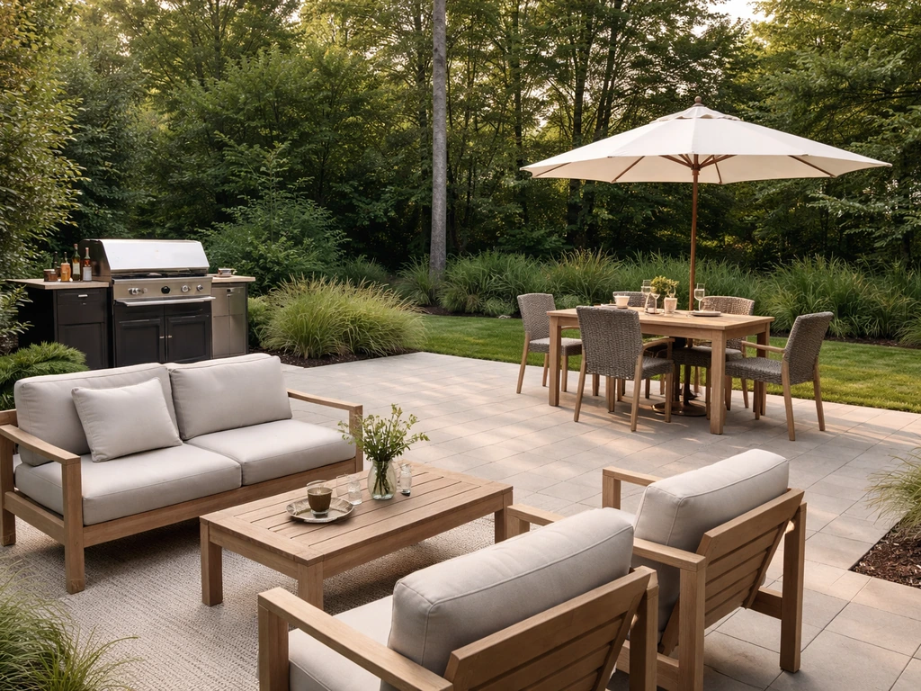 Patio set with a three-zone grill, dining table, and lounge seating in a cozy real-home layout