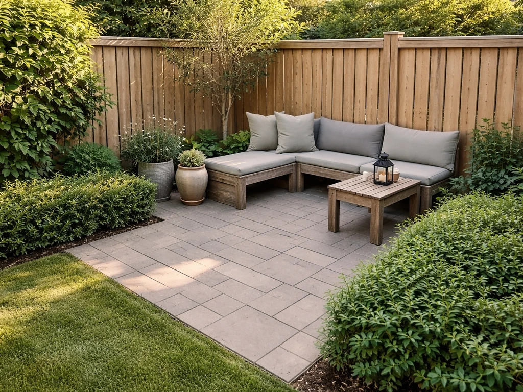 Small corner patio with paver paving and low plants, with compact outdoor seating in a tiny backyard.