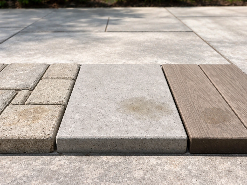 Close-up view of three patio surfaces—concrete, interlocking pavers, and composite decking—showing varied texture and we