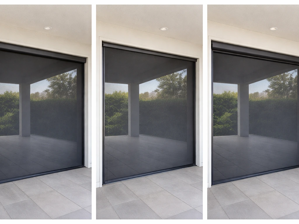 Three motorized patio screen setups shown side-by-side: side-guided, cable-guided track, and recessed cassette.